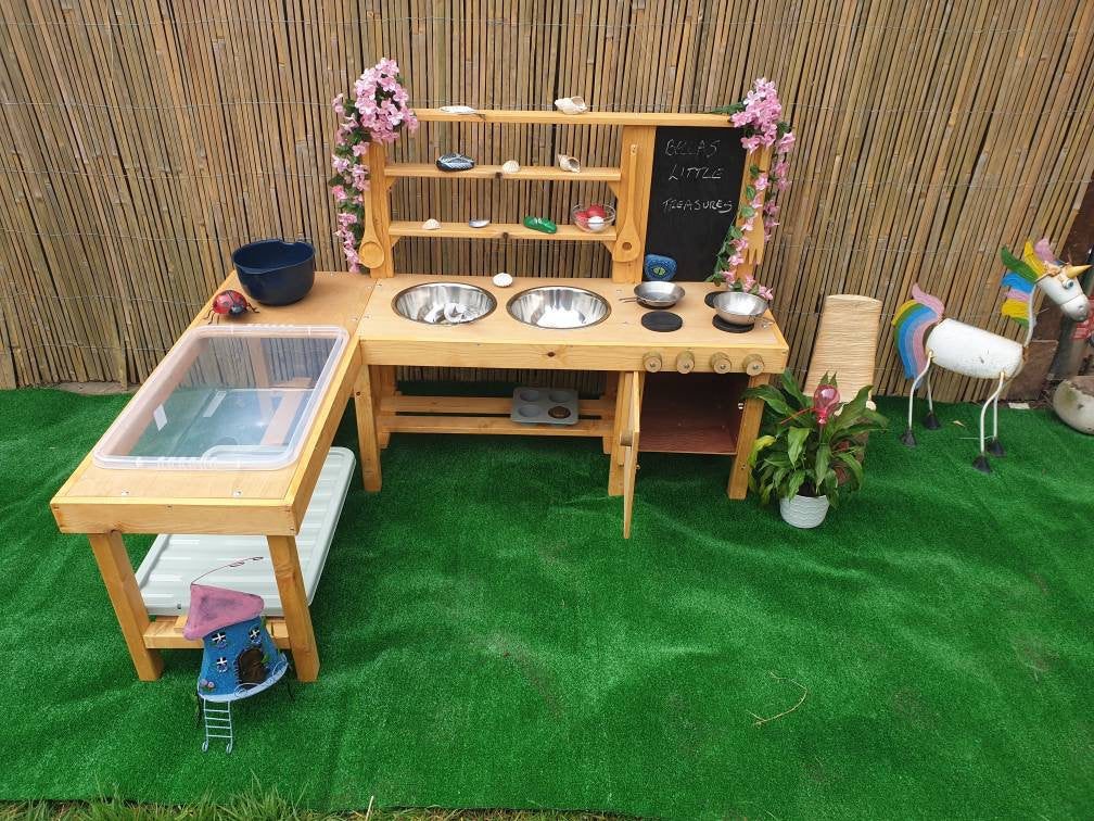 L shape twin bowl mud kitchen with water/sand table.