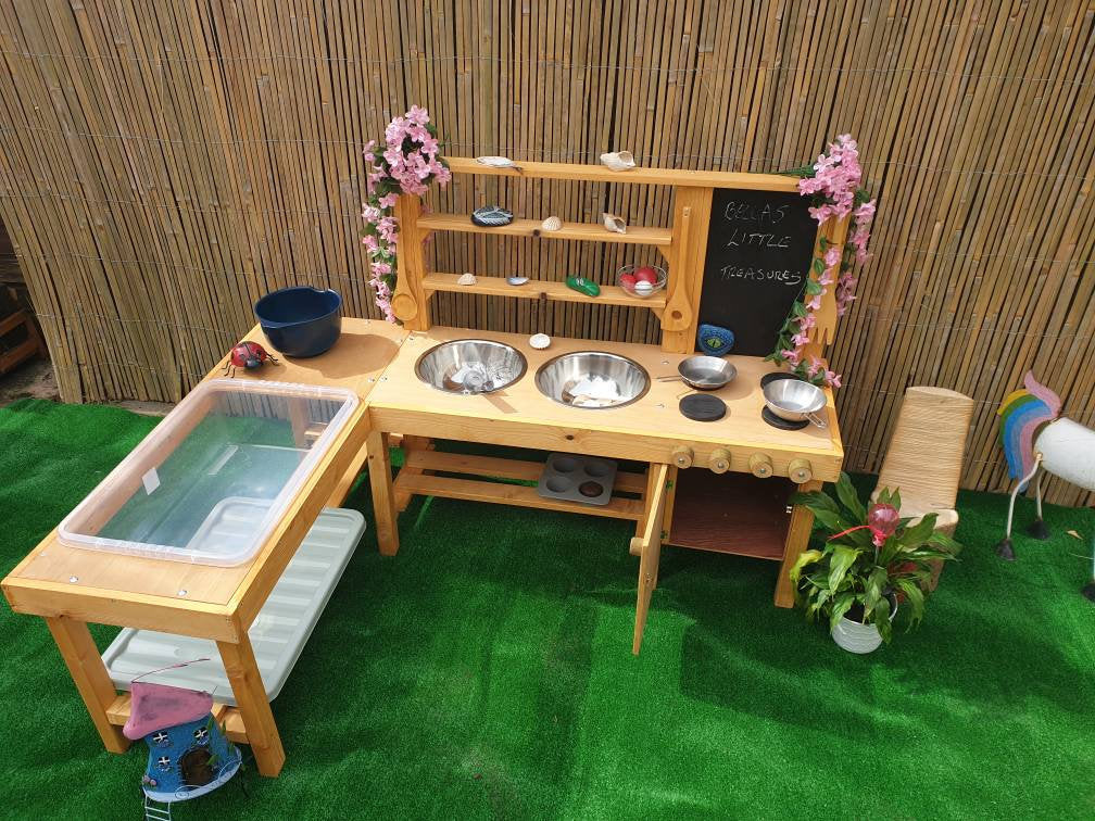 L shape twin bowl mud kitchen with water/sand table.